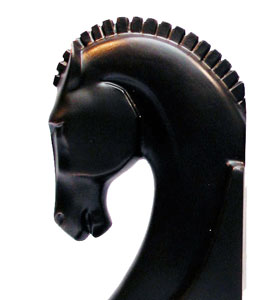 ART NOUVEAU TROJAN HORSE HEAD BOOKENDS, hand patinated bronze